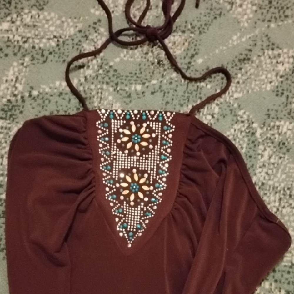 Brown Embellished Halter Top